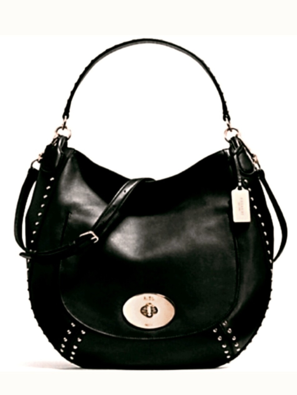 COACH STUDDED LEATHER CIRCLE HOBO BLACK